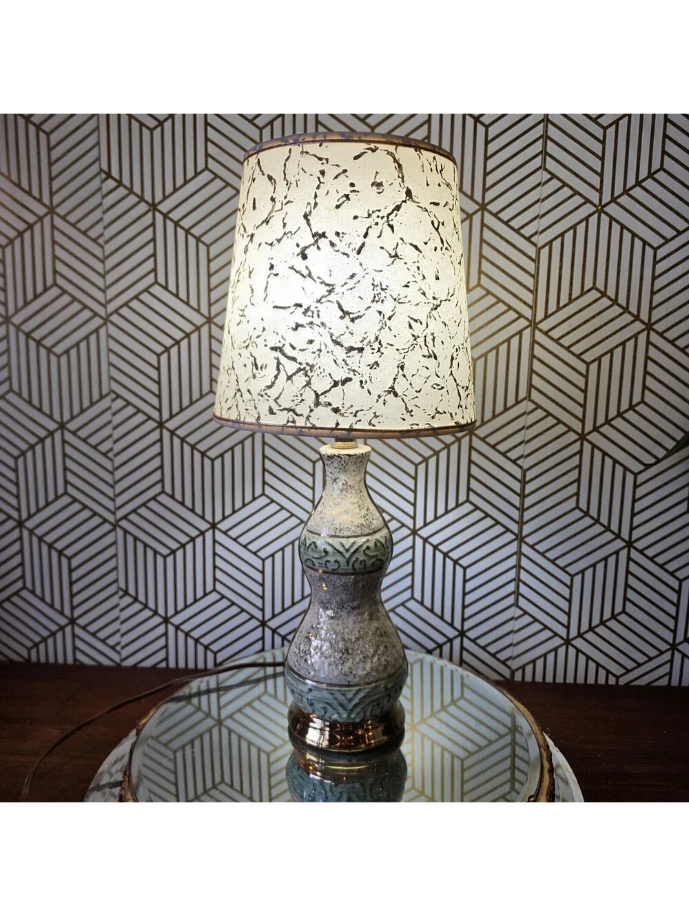 Vintage Midcentury White Green Gold Ceramic Accent Lamp Atomic Fiberglass Shade